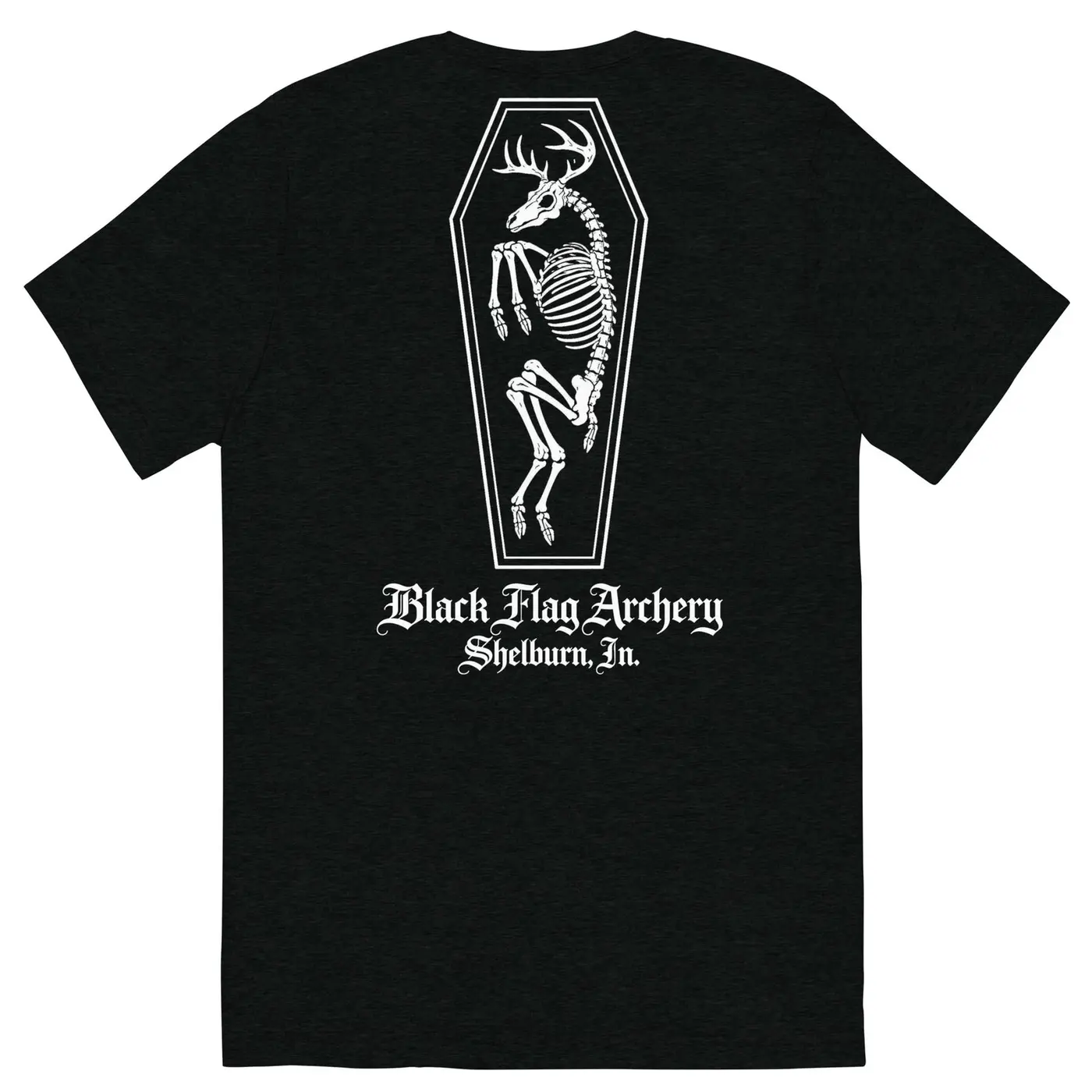 Back of the Black Flag Archery 6 Feet Under shirt with a deer skeleton inside a coffin